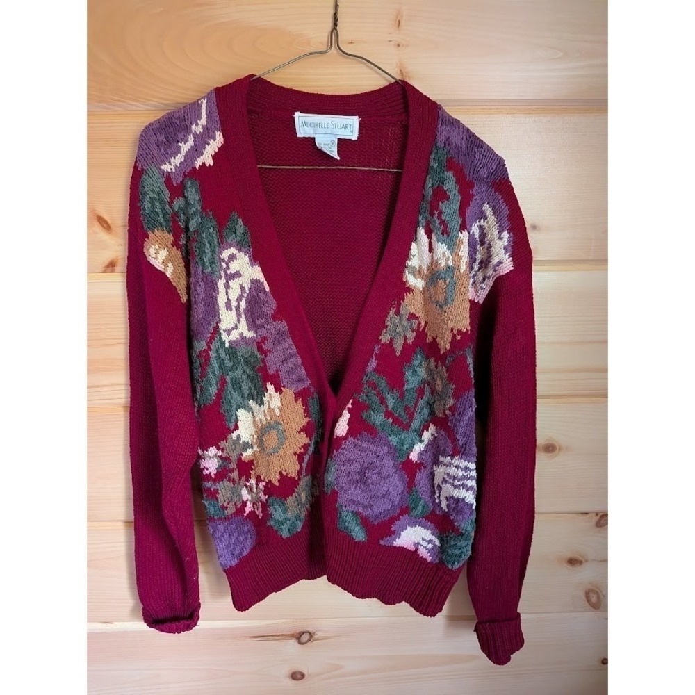 Vintage Michelle Stuart Cardigan Sweater M Burgundy Colorful Floral Cottagecore - Picture 3 of 7